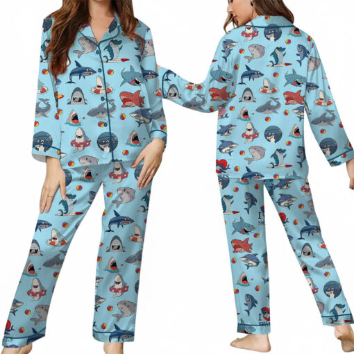 I Love Sharks Silky Satin Pajamas Set For Women