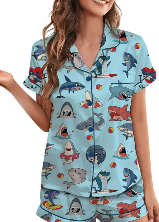 I Love Sharks Silky Satin Pajamas Set For Women