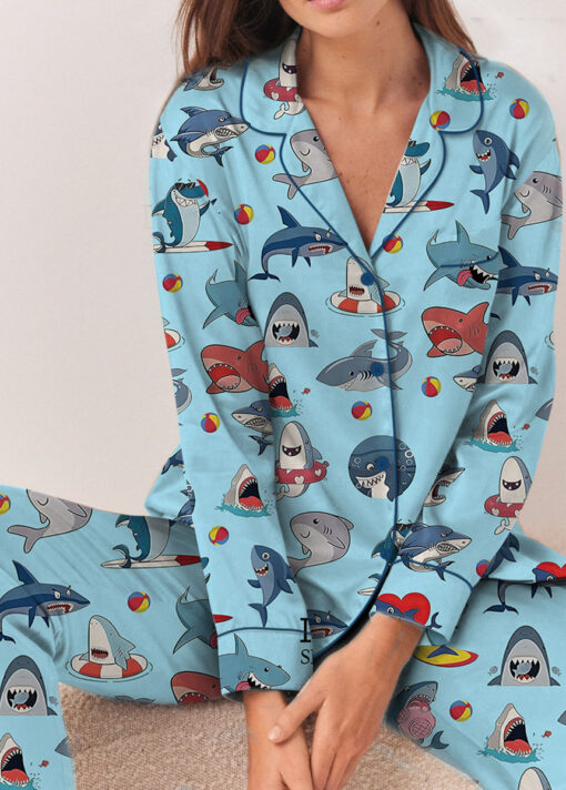 I Love Sharks Silky Satin Pajamas Set For Women