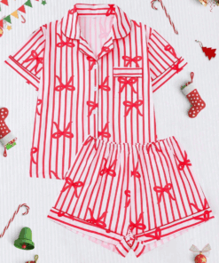 Alternative view of Christmas Red Striped Bow Print Satin Pajama Set For Women