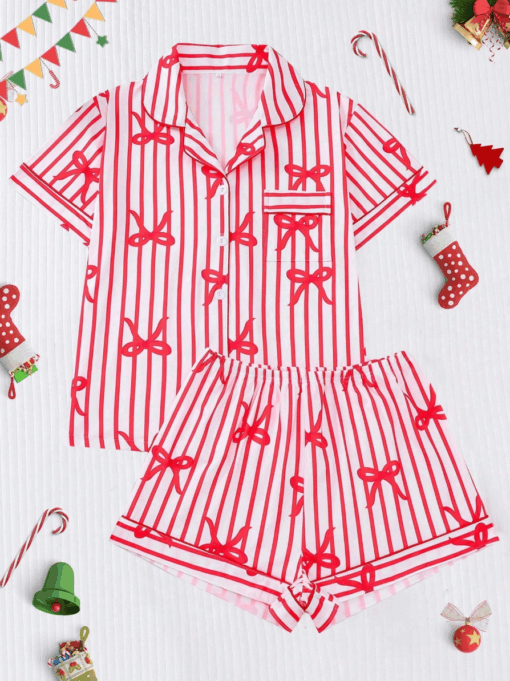 Christmas Red Striped Bow Print Satin Pajama Set For Women - Image 2