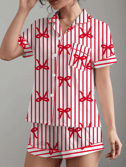 Christmas Red Striped Bow Print Satin Pajama Set For Women - Image 3