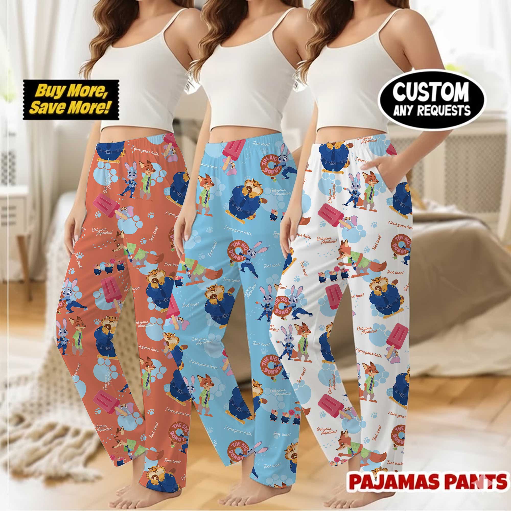 Officer Judy Hopps & Nick Wilde Pajama Pants, Blue Cartoon All-Over Print Lounge Wear