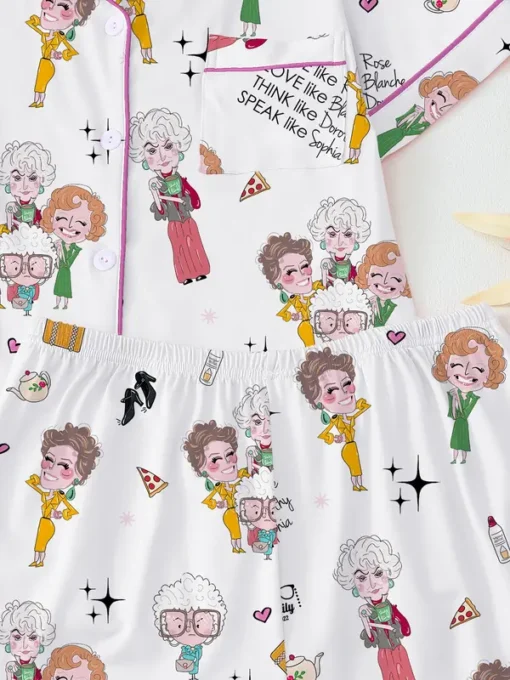 Women’s Golden Girls Classic Role Printed Lapel Satin Pajamas Set For Women, White Color, US Size S-5XL - Image 2