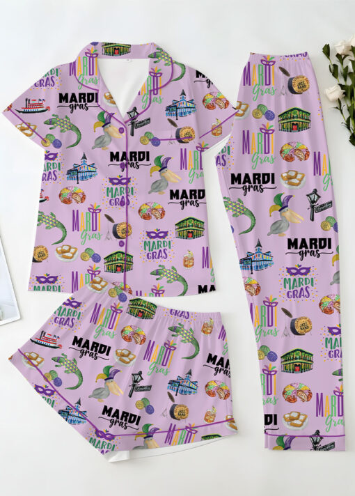 Women's Mardi Gras Hawaiian Satin Pajamas Set, Pastel Purple Color, Size S-5XL - Image 14