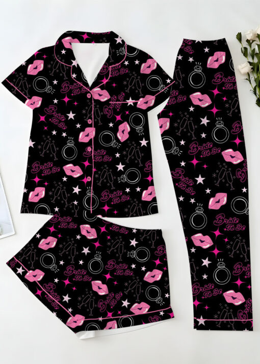 Women's Bachelorette Party Pattern Satin Pajamas Set, Black Color, US Size S-5XL - Image 14