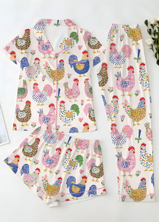 Women's Floral Chicken Satin Pajamas Set, White Color, US Size S-5XL - Image 15