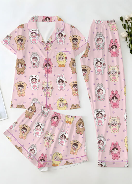 Women’s Kpop Characters Cute Satin Pajamas Set For Women, Pink Color, US Size S-5XL - Image 14