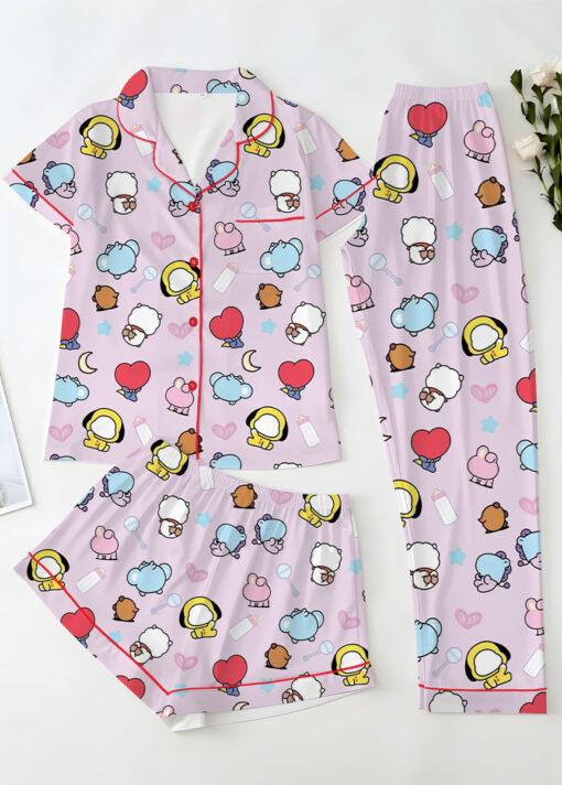 Women’s Kpop Characters Cute Satin Pajamas Set For Women, Pink Color, US Size S-5XL - Image 14