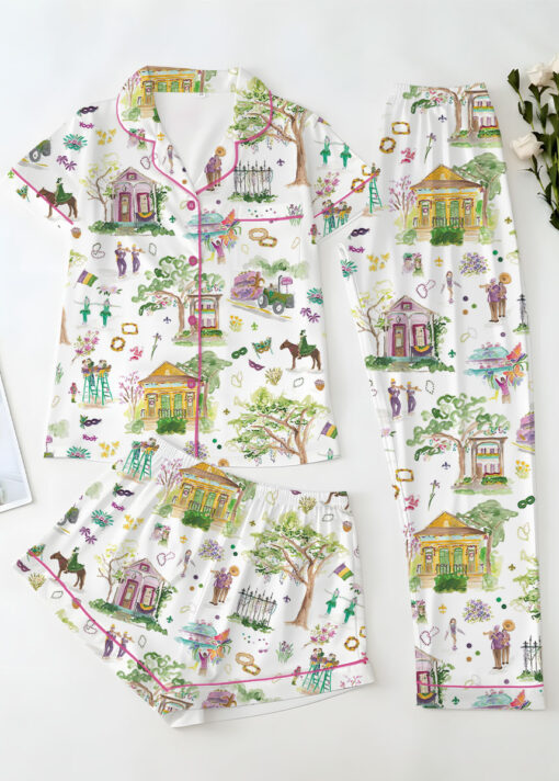 Women’s Mardi Gras Parade Satin Pajamas Set For Women, White Color, US Size S-5XL - Image 14