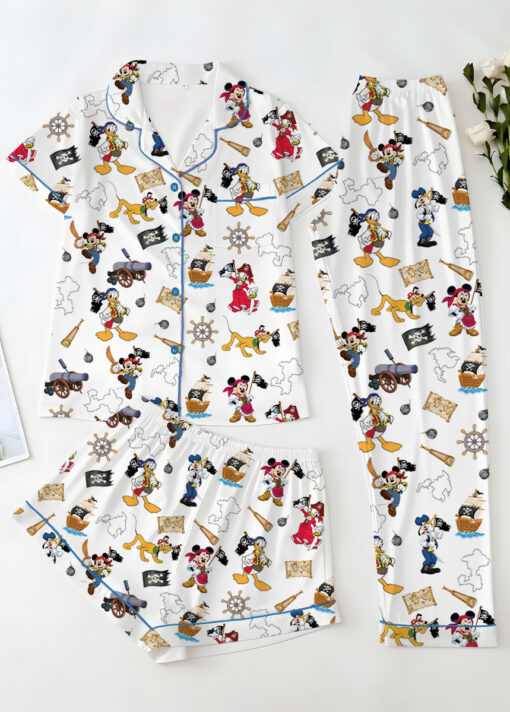 Women’s Disney Pirate Mickey & Friends Satin Pajamas Set For Women, White Color, US Size S-5XL - Image 9