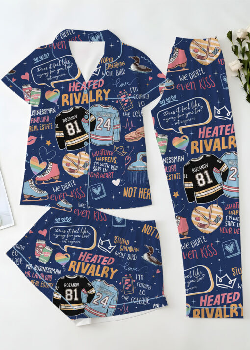 Women's Hockey Romance Couple Satin Pajamas Set, Navy Color, Size S-5XL - Image 8