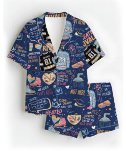 Women's Hockey Romance Couple Satin Pajamas Set, Navy Color, Size S-5XL