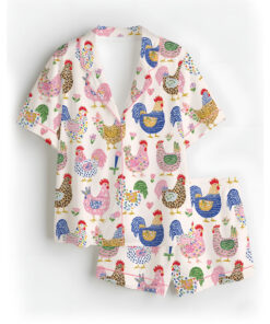 Women's Floral Chicken Satin Pajamas Set, White Color, US Size S-5XL