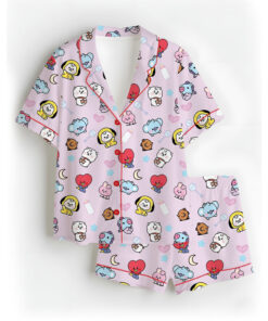 Women’s BT21 K-Pop Music Satin Pajamas Set For Women, Pink Color, US Size S-5XL