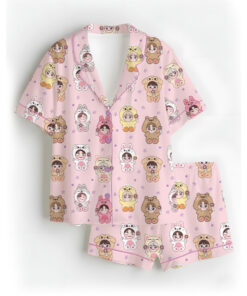 Women’s Kpop Characters Cute Satin Pajamas Set For Women, Pink Color, US Size S-5XL