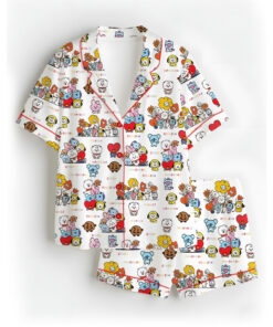 Women’s BT21 K-Pop Music Satin Pajamas Set For Women, White Color, US Size S-5XL