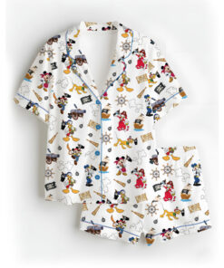Women’s Disney Pirate Mickey & Friends Satin Pajamas Set For Women, White Color, US Size S-5XL