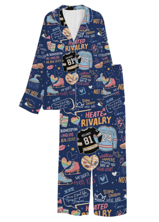 Women's Hockey Romance Couple Satin Pajamas Set, Navy Color, Size S-5XL - Image 14