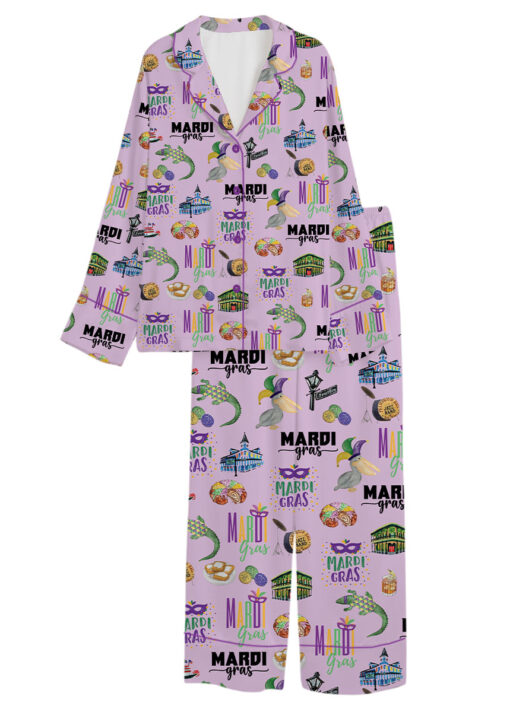 Women's Mardi Gras Hawaiian Satin Pajamas Set, Pastel Purple Color, Size S-5XL - Image 8