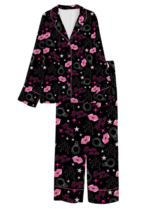Women's Bachelorette Party Pattern Satin Pajamas Set, Black Color, US Size S-5XL - Image 13