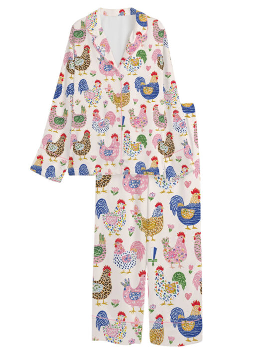 Women's Floral Chicken Satin Pajamas Set, White Color, US Size S-5XL - Image 11
