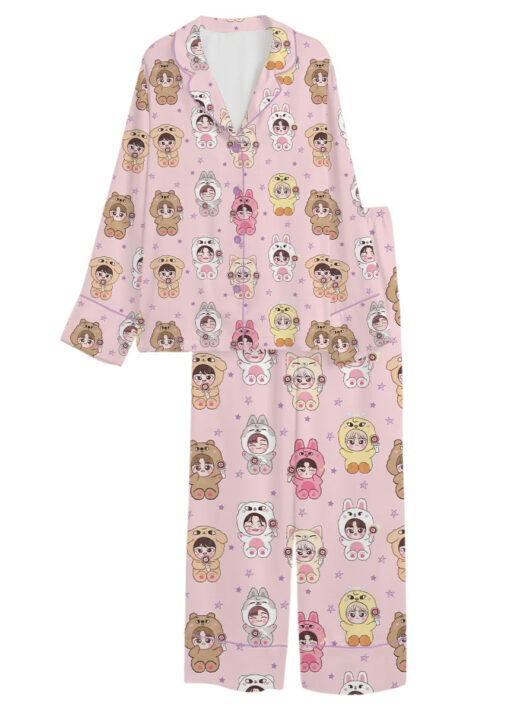 Women’s Kpop Characters Cute Satin Pajamas Set For Women, Pink Color, US Size S-5XL - Image 8