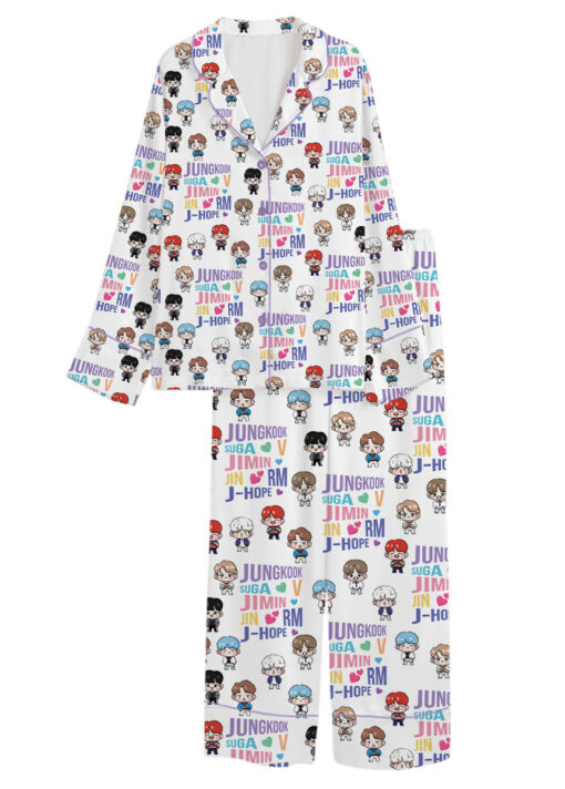 Women’s BT21 K-Pop Music Satin Pajamas Set For Women, White Color, US Size S-5XL - Image 9