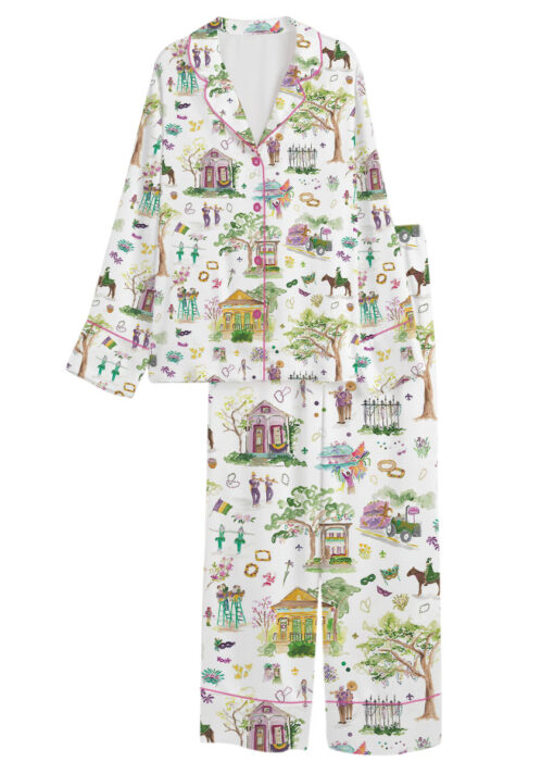 Women’s Mardi Gras Parade Satin Pajamas Set For Women, White Color, US Size S-5XL - Image 9
