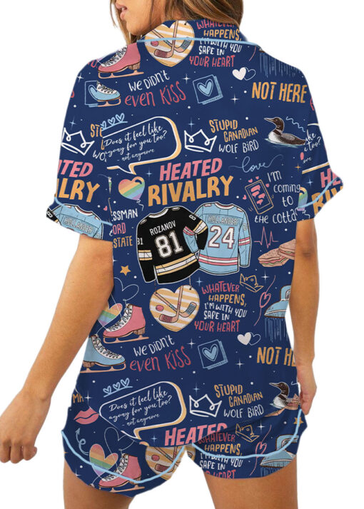 Women's Hockey Romance Couple Satin Pajamas Set, Navy Color, Size S-5XL - Image 4