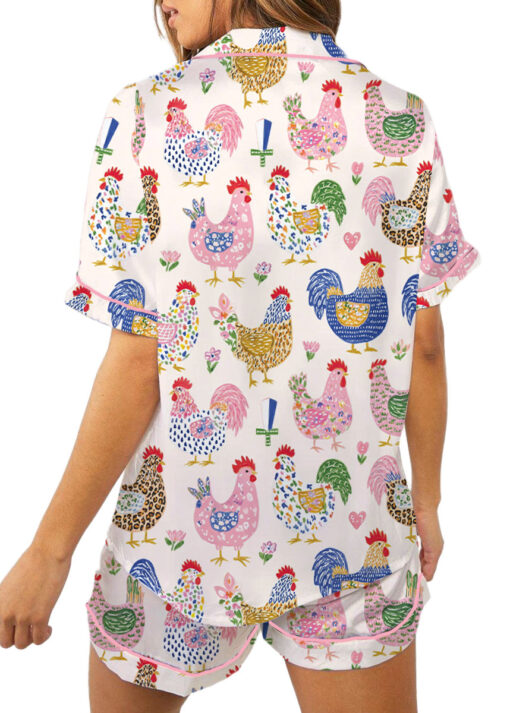 Women's Floral Chicken Satin Pajamas Set, White Color, US Size S-5XL - Image 6