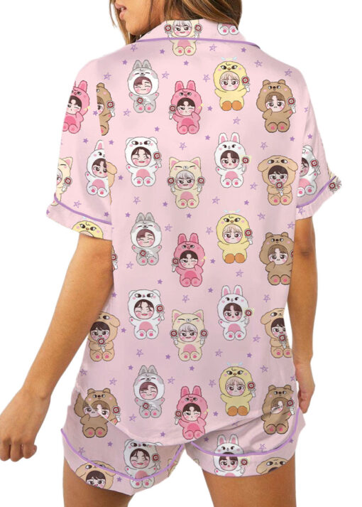 Women’s Kpop Characters Cute Satin Pajamas Set For Women, Pink Color, US Size S-5XL - Image 5