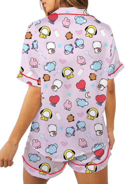 Women’s Kpop Characters Cute Satin Pajamas Set For Women, Pink Color, US Size S-5XL - Image 4