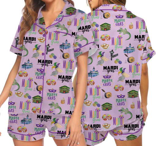 Women's Mardi Gras Hawaiian Satin Pajamas Set, Pastel Purple Color, Size S-5XL - Image 7