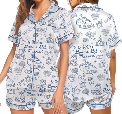 Women’s Going To The Chapel We're Gonna Get Married Wedding Satin Pajamas Set, White Color, US Size S-5XL - Image 4