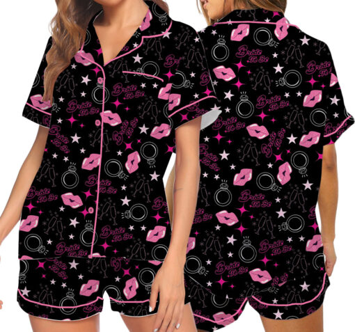 Women's Bachelorette Party Pattern Satin Pajamas Set, Black Color, US Size S-5XL - Image 4