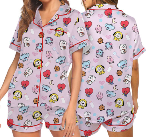 Women’s BT21 K-Pop Music Satin Pajamas Set For Women, Pink Color, US Size S-5XL - Image 7