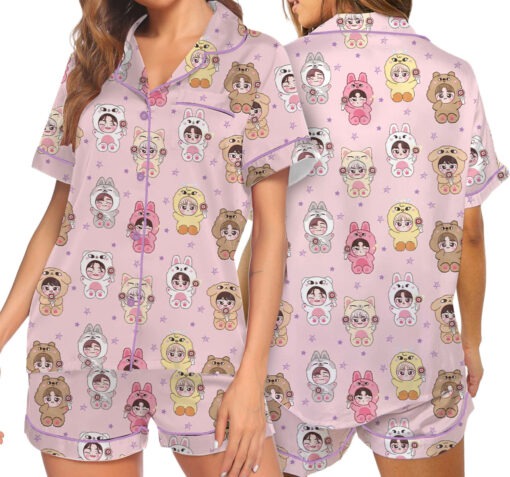 Women’s Kpop Characters Cute Satin Pajamas Set For Women, Pink Color, US Size S-5XL - Image 7