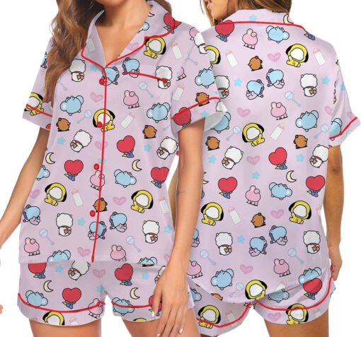 Women’s Kpop Characters Cute Satin Pajamas Set For Women, Pink Color, US Size S-5XL - Image 7