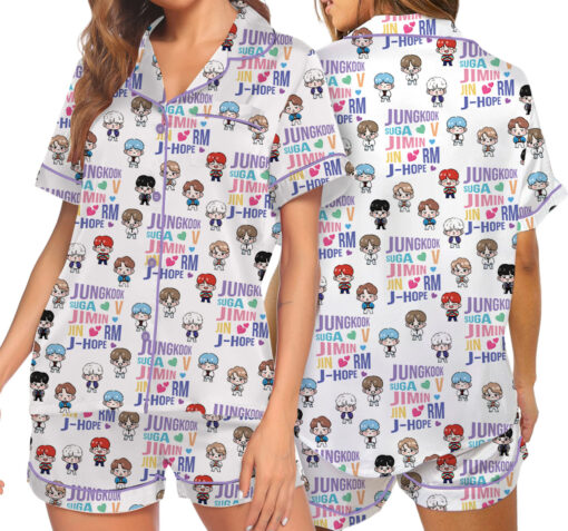 Women’s BT21 K-Pop Music Satin Pajamas Set For Women, White Color, US Size S-5XL - Image 6