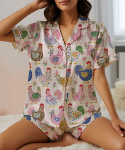 Alternative view of Women's Floral Chicken Satin Pajamas Set, White Color, US Size S-5XL