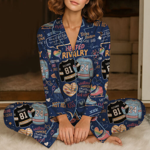 Women's Hockey Romance Couple Satin Pajamas Set, Navy Color, Size S-5XL - Image 9