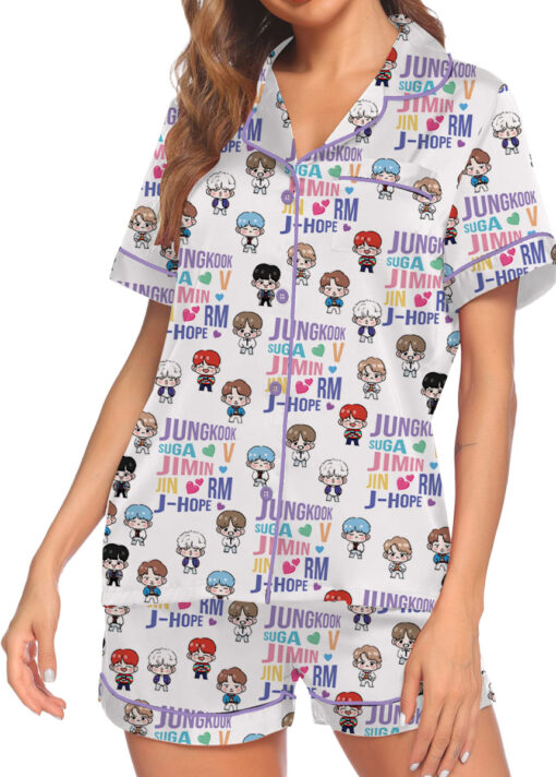 Women’s BT21 K-Pop Music Satin Pajamas Set For Women, White Color, US Size S-5XL - Image 2