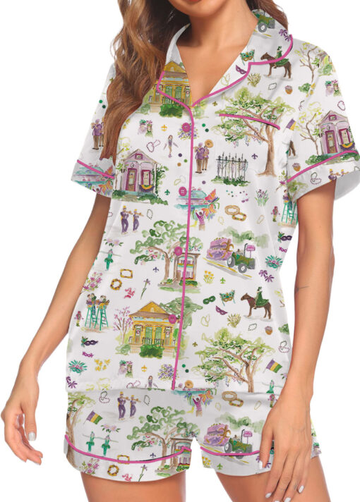 Women’s Mardi Gras Parade Satin Pajamas Set For Women, White Color, US Size S-5XL - Image 2