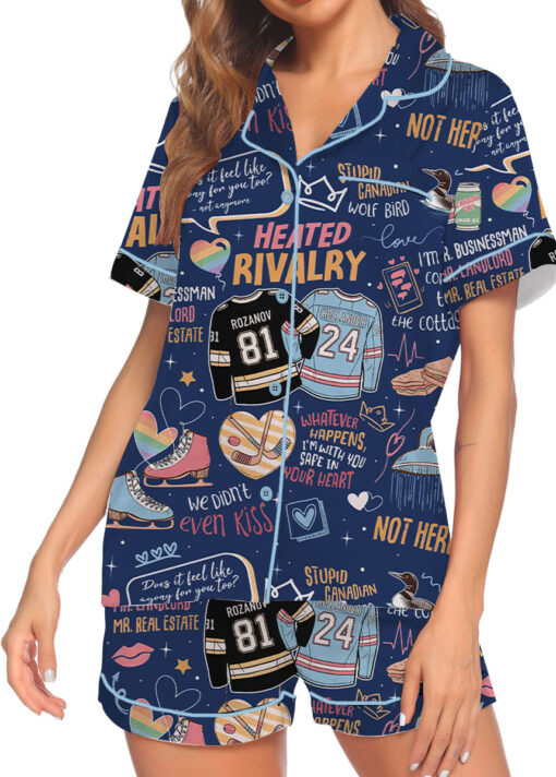 Women's Hockey Romance Couple Satin Pajamas Set, Navy Color, Size S-5XL - Image 7