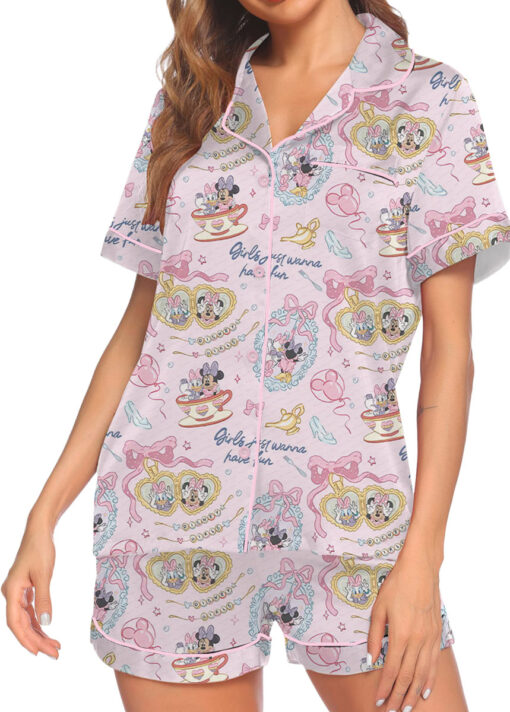 Women's Minnie And Daisy Besties Sleepwear Satin Pajamas Set, Light Pink Color, Size S-5XL - Image 3