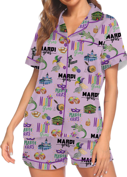 Women's Mardi Gras Hawaiian Satin Pajamas Set, Pastel Purple Color, Size S-5XL - Image 2