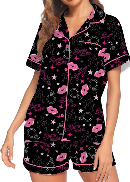 Women's Bachelorette Party Pattern Satin Pajamas Set, Black Color, US Size S-5XL - Image 2