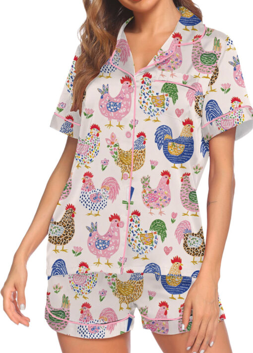 Women's Floral Chicken Satin Pajamas Set, White Color, US Size S-5XL - Image 7