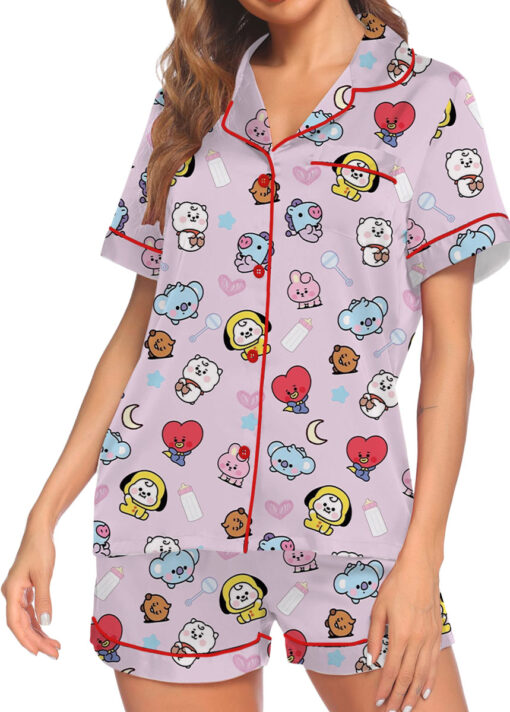 Women’s BT21 K-Pop Music Satin Pajamas Set For Women, Pink Color, US Size S-5XL - Image 2
